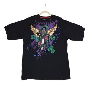 AVIREX Graphic Studded Patchwork Tee Men L Black Stylish Festival Ed-Hardy Style